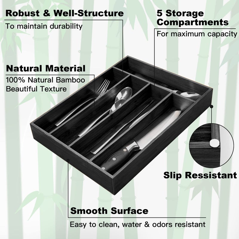 Conflech Silverware Organizer Bamboo Kitchen Drawer Organizer Utensil Organizer Silverware Holder Cutlery Organizer in drawer Flatware Organizer Tray (Black 5 Slots) - Image 5